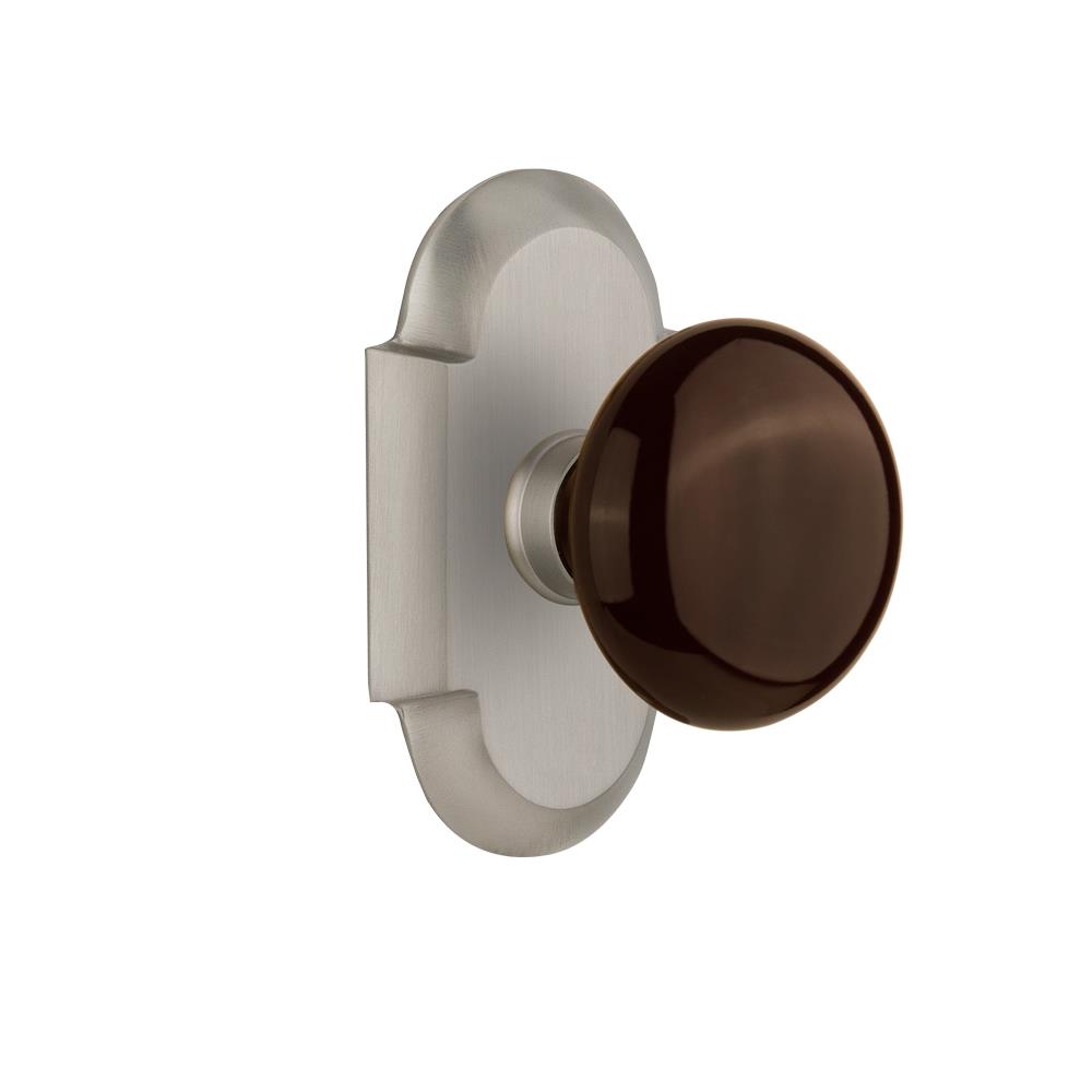 Nostalgic Warehouse COTBRN Privacy Knob Cottage Plate with Brown Porcelain Knob in Satin Nickel